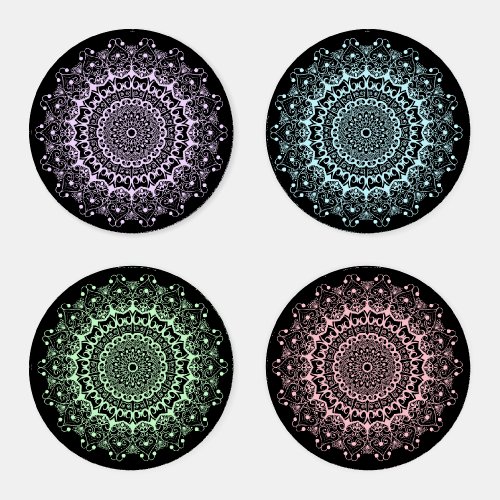 Four Colors Mandala On Black Coaster Set