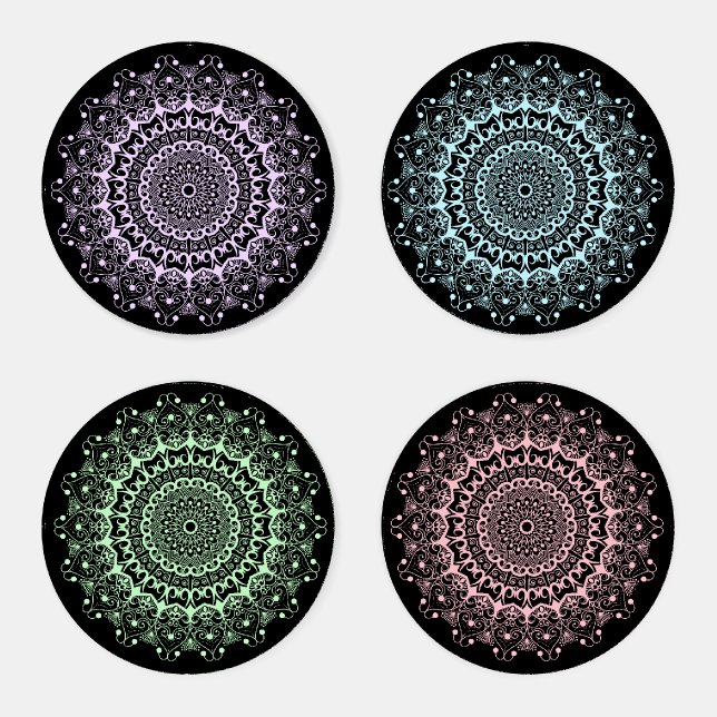 Four Colors Mandala On Black Coaster Set (Set)