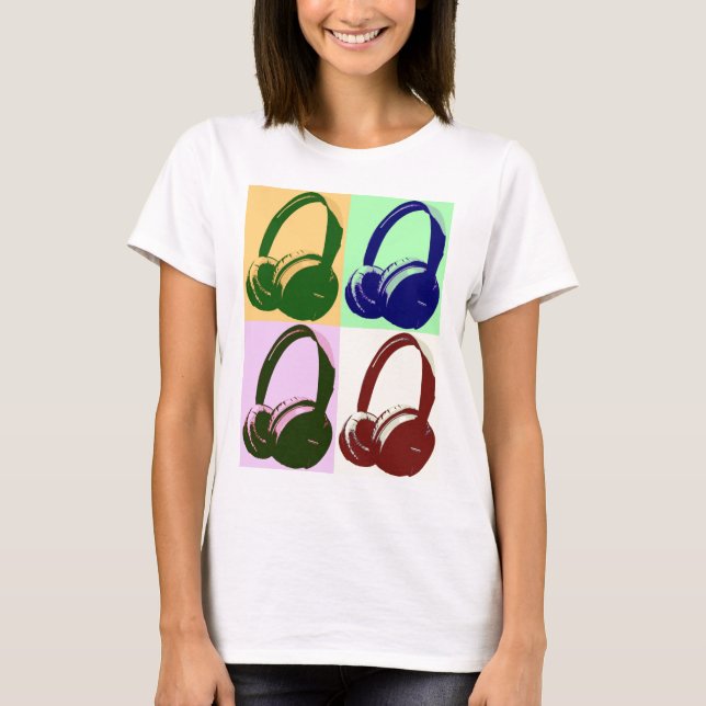 Four Colors Pop Art Headphones T-Shirt (Front)