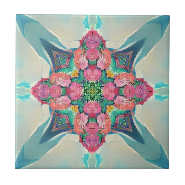Four cornered rose flower arrangement geometric ceramic tile (Front)