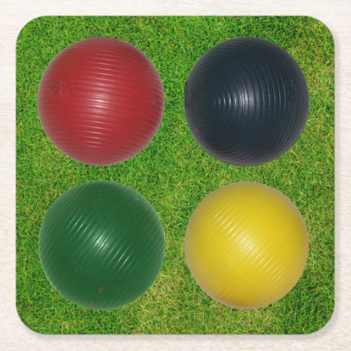 Four Croquet Balls Four Colors Grass Background Square Paper Coaster