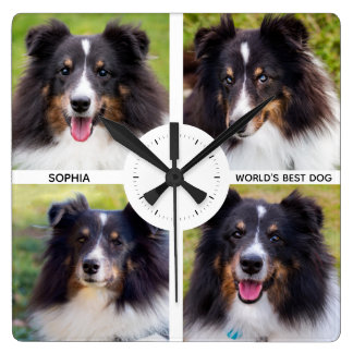Four Custom Pet Photos With Custom Text Square Wall Clock