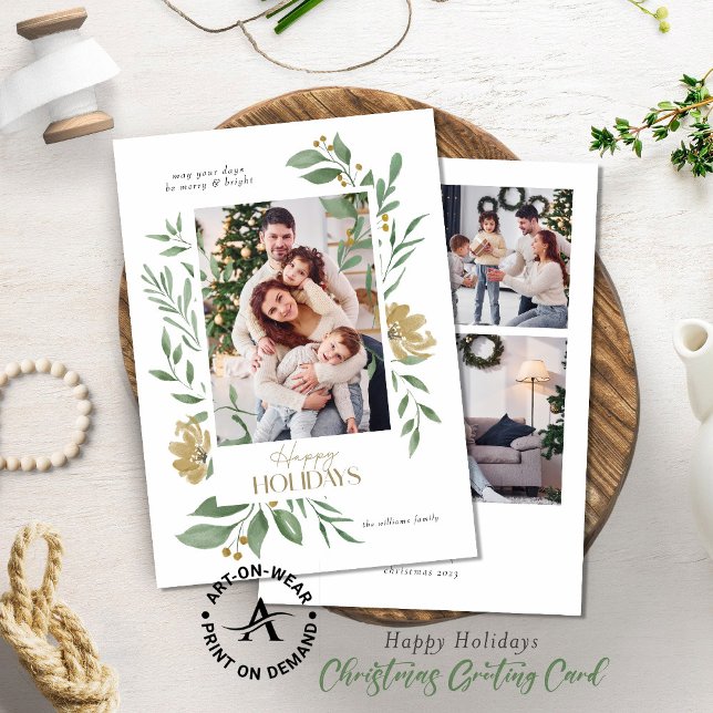 Four Custom Photos Happy Holiday Floral Frame Card (Creator Uploaded)