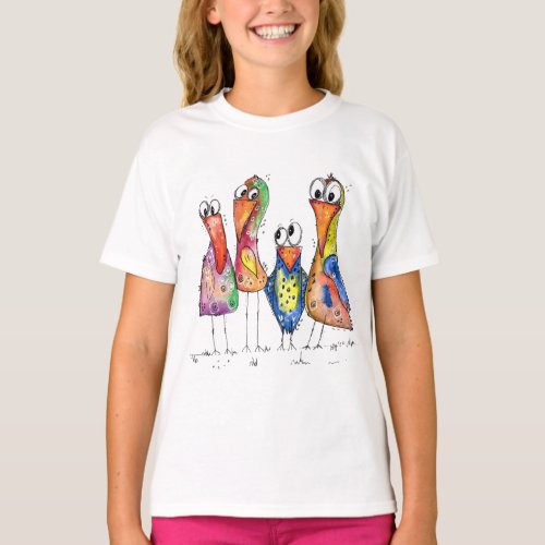 Four Cute and Whimsical Colorful Birds T_Shirt
