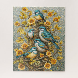 Four Cute Blue and White Birds on Blossoming Tree Jigsaw Puzzle