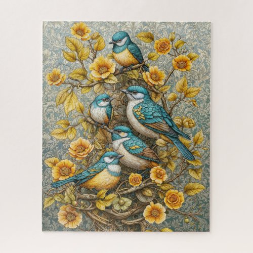 Four Cute Blue and White Birds on Blossoming Tree Jigsaw Puzzle
