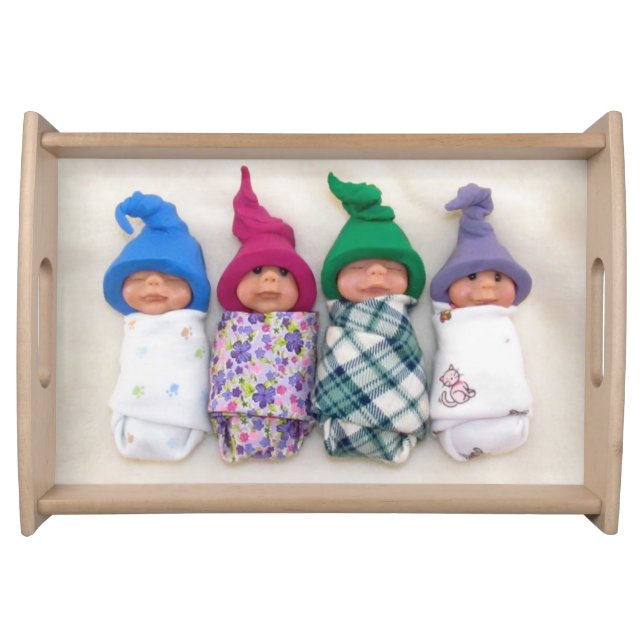 Four Cute Clay Elf Babies, Polymer Clay Serving Tray (Front)