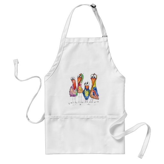 Four Cute Colorful Whimsical Birds Adult Apron (Front)