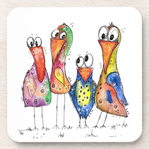 Four Cute Colorful Whimsical Birds Beverage Coaster