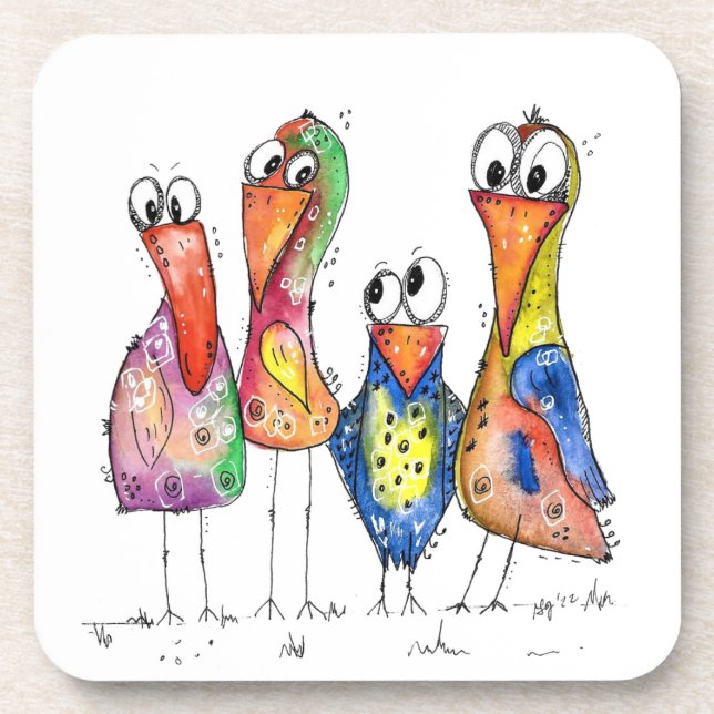 Four Cute Colorful Whimsical Birds Beverage Coaster (Front)