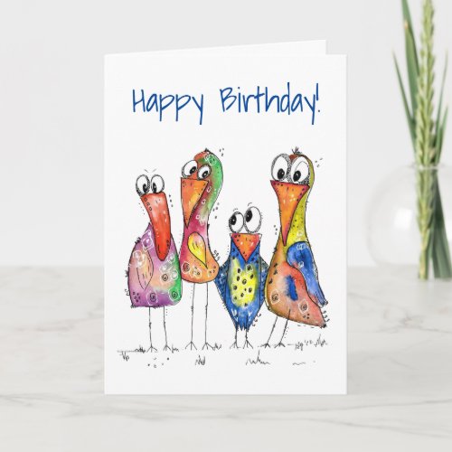 Four Cute Colorful Whimsical Birds Card