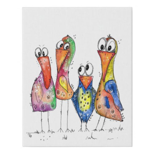 Four Cute Colorful Whimsical Birds Faux Canvas Print