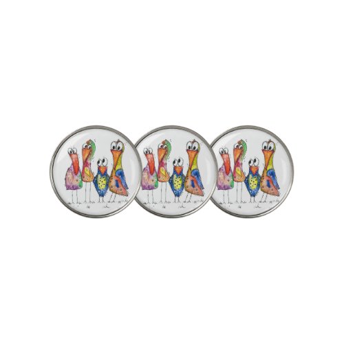 Four Cute Colorful Whimsical Birds Golf Ball Marker