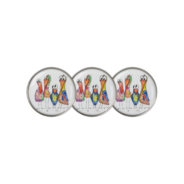 Four Cute Colorful Whimsical Birds Golf Ball Marker (3 Up)