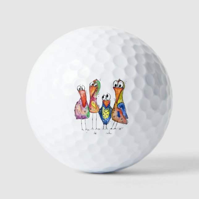 Four Cute Colorful Whimsical Birds Golf Balls (Front)