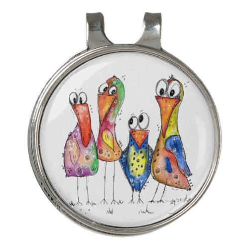 Four Cute Colorful Whimsical Birds Golf Hat Clip