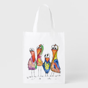 Four Cute Colorful Whimsical Birds Grocery Bag