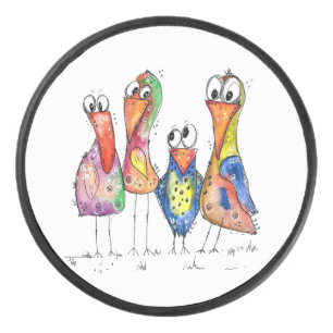 Four Cute Colorful Whimsical Birds Hockey Puck