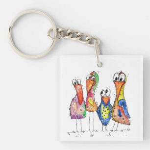 Four Cute Colorful Whimsical Birds Keychain