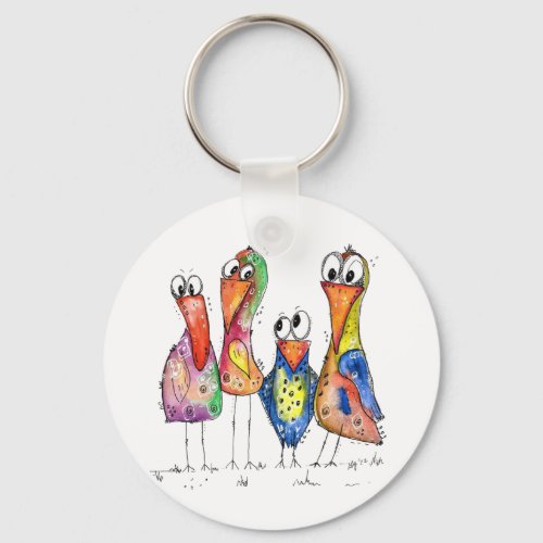Four Cute Colorful Whimsical Birds Keychain