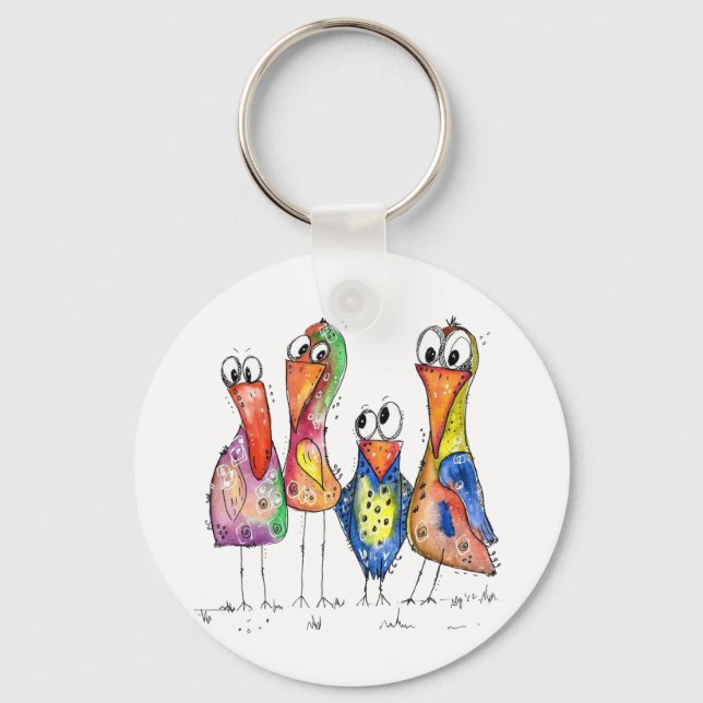 Four Cute Colorful Whimsical Birds Keychain (Front)