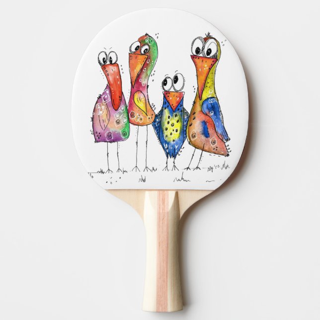 Four Cute Colorful Whimsical Birds Ping Pong Paddle (Front)
