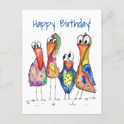 Four Cute Colorful Whimsical Birds Postcard