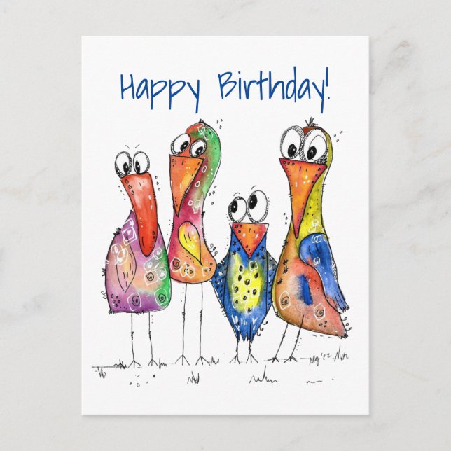 Four Cute Colorful Whimsical Birds Postcard (Front)
