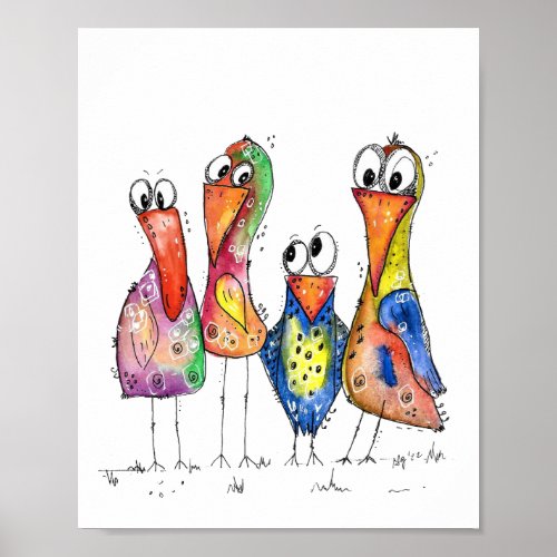 Four Cute Colorful Whimsical Birds Poster