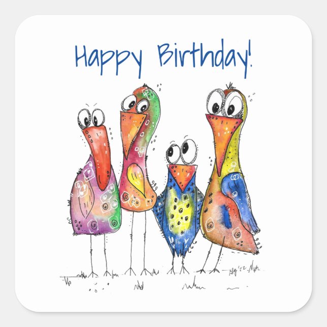 Four Cute Colorful Whimsical Birds Square Sticker (Front)
