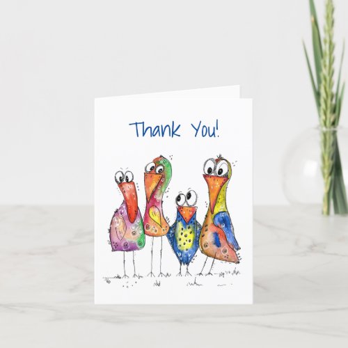 Four Cute Colorful Whimsical Birds Thank You Card