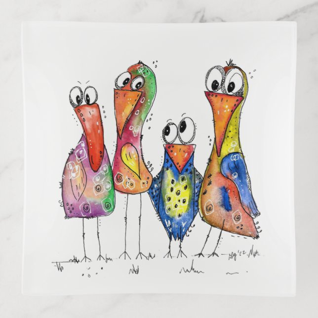 Four Cute Colorful Whimsical Birds Trinket Tray (Front)