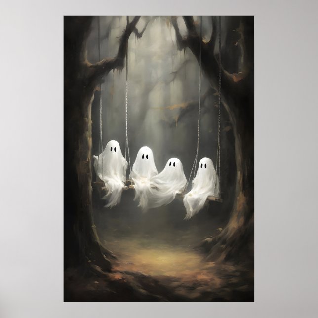 Four cute ghosts on a swing in fall woods print (Front)