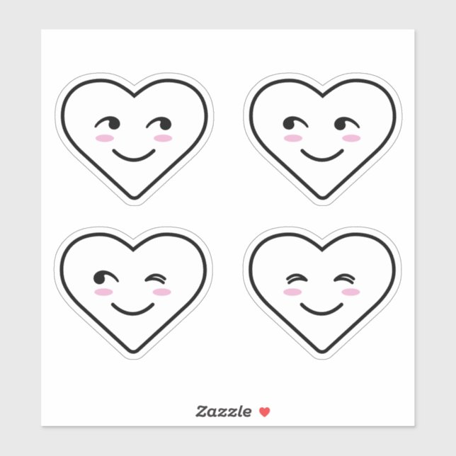 Four Cute Happy Smiling Faces White Cartoon Heart Sticker (Sheet)