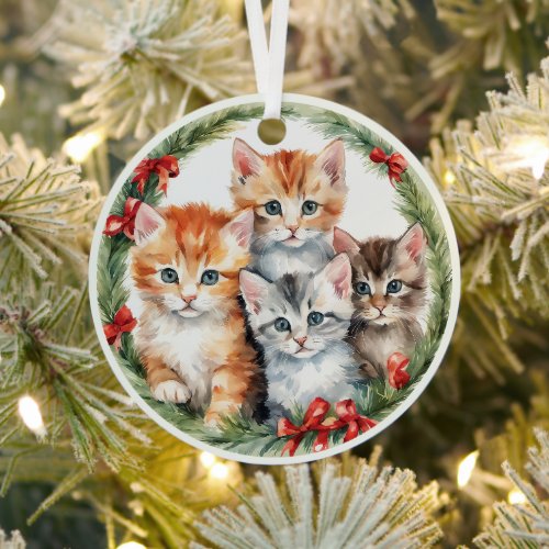 Four Cute Kittens Christmas Wreath Kids Metal Ornament