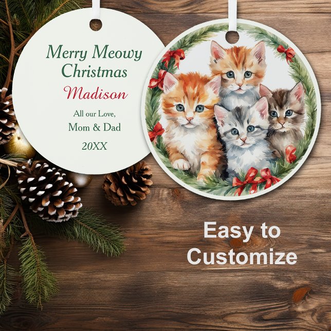 Four Cute Kittens Christmas Wreath Kids Metal Ornament (Creator Uploaded)