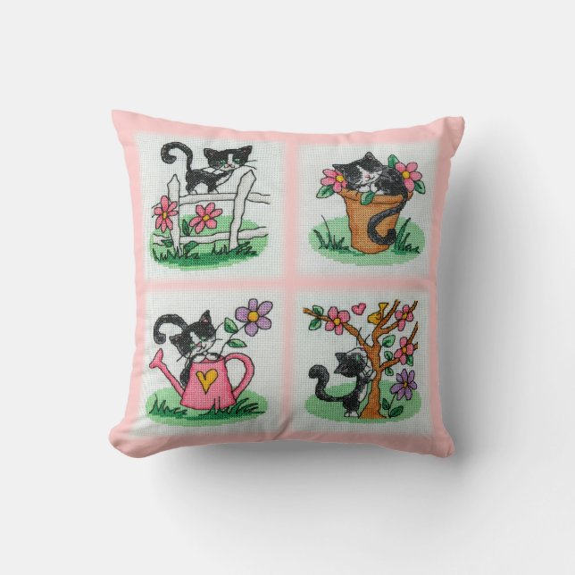 Four cute kittens cross stitch embroidery throw pillow (Front)