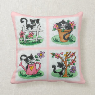 Four cute kittens cross stitch embroidery throw pillow