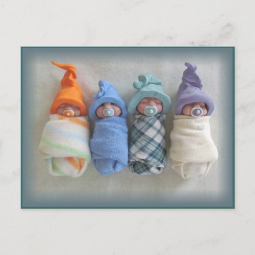 Four Cute Polymer Clay Elf Babies Sculptures Postcard