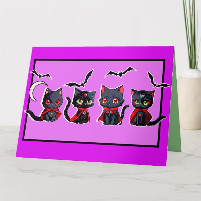 Four Cute Spooky Halloween Vampire Kittens Card (Front)