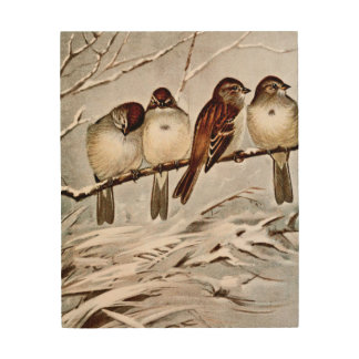 Four Cute Tree Sparrows Wood Wall Decor