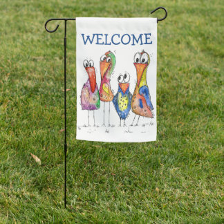 Four Cute Whimsical Colorful Birds Garden Flag