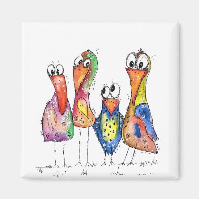 Four Cute Whimsical Colorful Birds Magnet (Front)