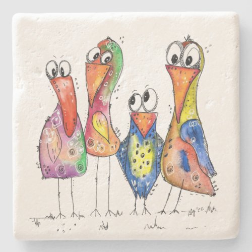 Four Cute Whimsical Colorful Birds Stone Coaster