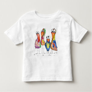 Four Cute Whimsical Colorful Birds T-Shirt