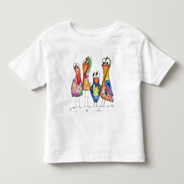 Four Cute Whimsical Colorful Birds T-Shirt (Front)