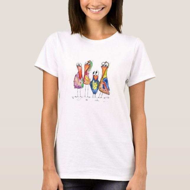 Four Cute Whimsical Colorful Birds T-Shirt (Front)
