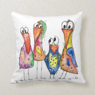 Four Cute Whimsical Colorful Birds Throw Pillow