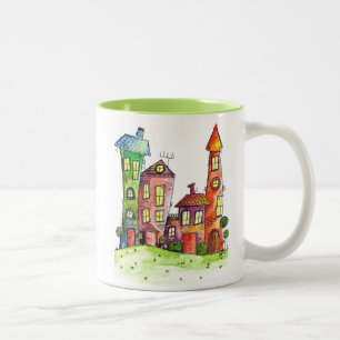 Four Cute Whimsical Houses Two-Tone Coffee Mug