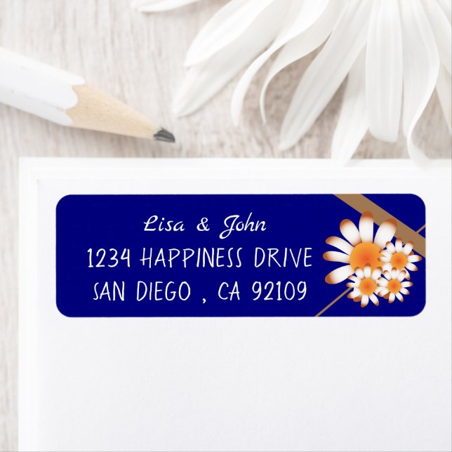 Four Daisies Navy Blue and Gold Return Address Label (Insitu)